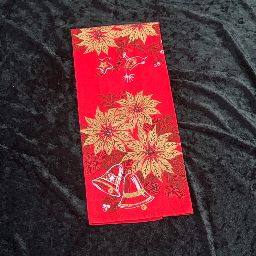 Festive Red Tea towel with Gold Poinsettias